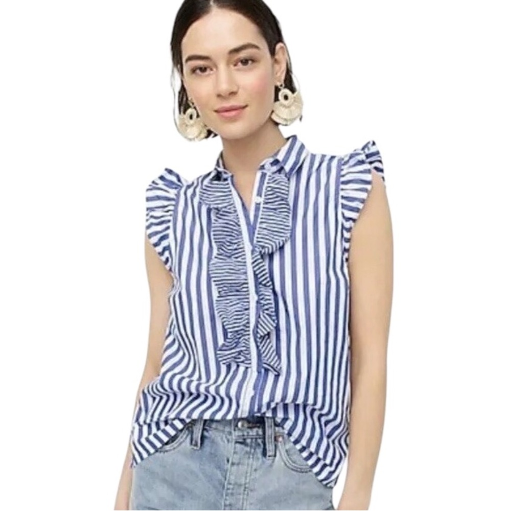 J Crew Cotton Poplin Mixy Striped Ruffled Sleeveless Blue/White Blouse